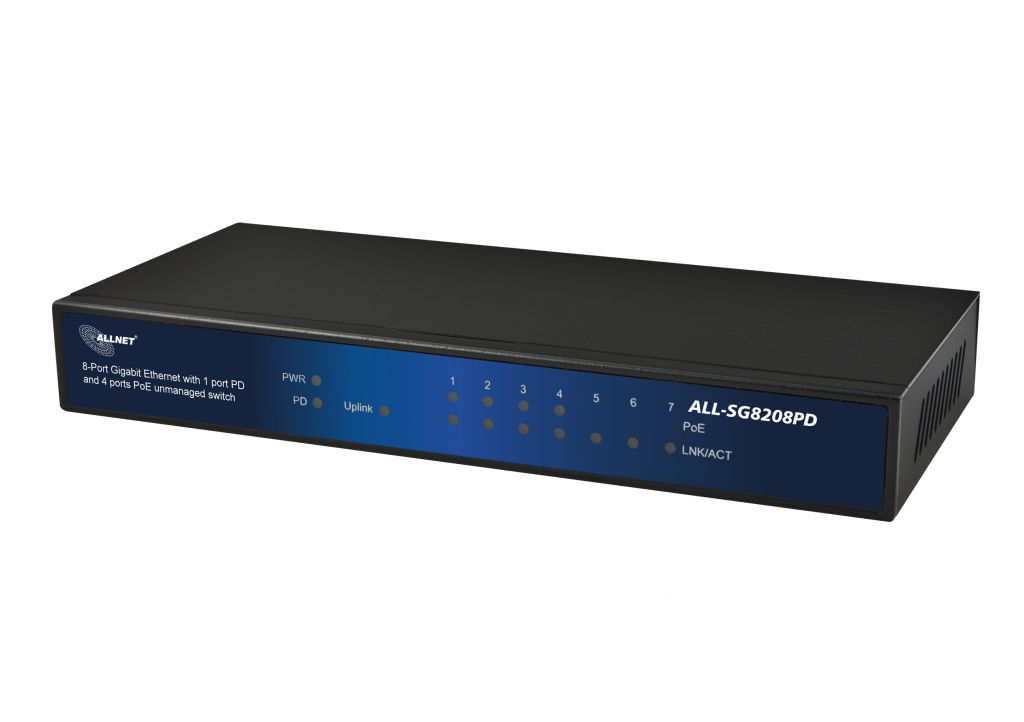 ALLNET Switch unmanaged 8 Port Gigabit 60W / 4x PoE / 3x LAN / 1x PoE&plus; In / "ALL-SG8208PD"