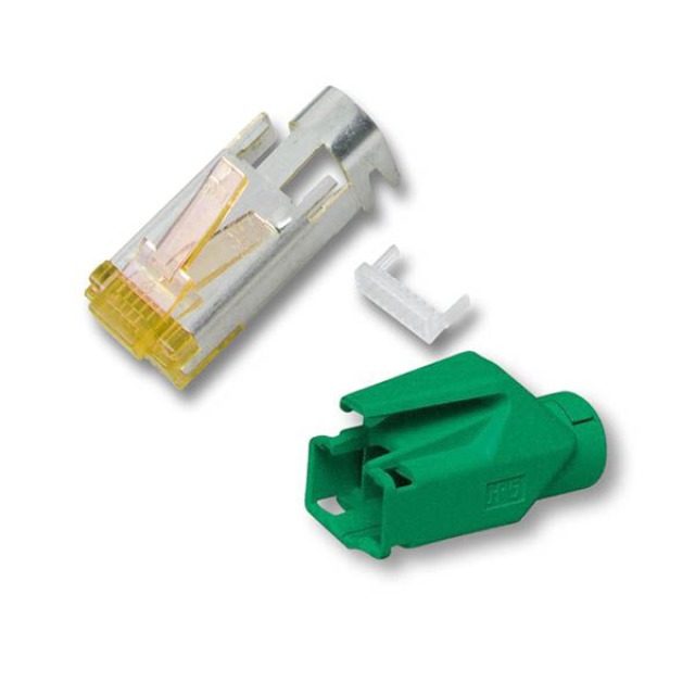 TP-Stecker STP Hirose,CAT6A(TM31),100-PACK,incl.Knickschutz, Grün