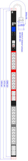 Bachmann PDU, Steckdosen, 24xDosen(C13)&plus;4x(C19)&plus;2xLS Strom->1ph Zuleitung 3,0m CEE 32A Stecker Blau, BN2000,