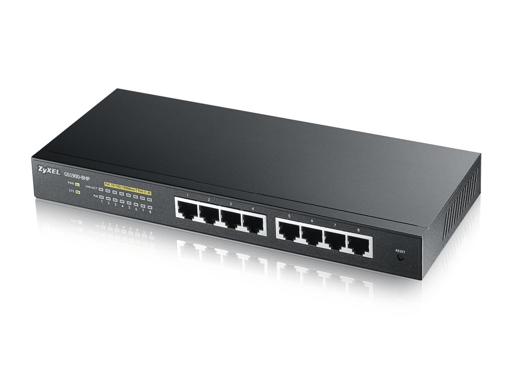 Zyxel Switch GS1900-8HP, 8x Gigabit PoE Ports, smart managed, lüfterlos, L2, 70W