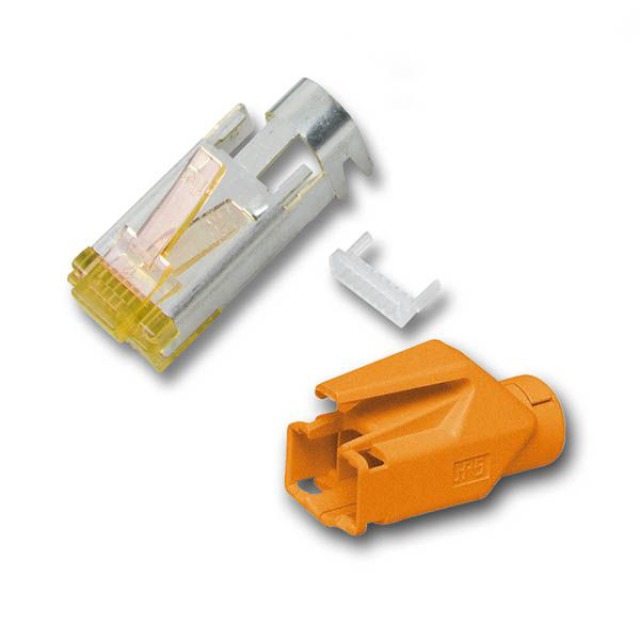 TP-Stecker STP Hirose,CAT6A(TM31),100-PACK,incl.Knickschutz, Orange