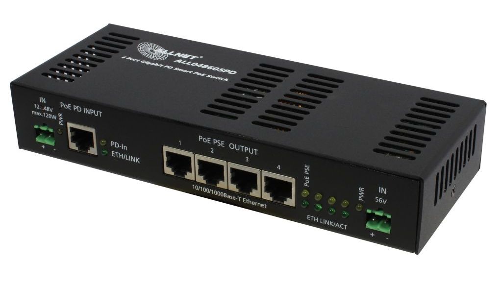 ALLNET Switch unmanaged 4 Port Gigabit 500W / 4x LT PoE 90W / 1x LT PoE In / Lüfterlos / "ALL048605PD"