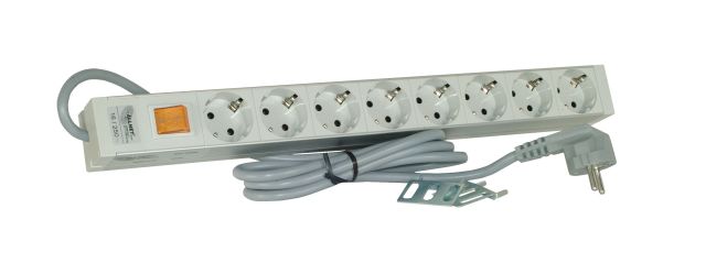 ALLNET 19"zbh. Steckdosenleiste, 8xDosen(CEE7)->Stecker(CEE7), Schalter, Lichtgrau,