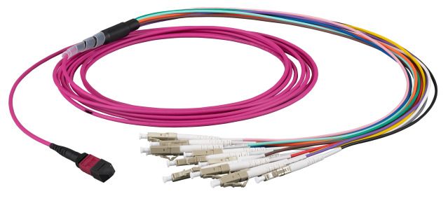 LWL-MTP®-Female-LC Patchkabel OM4 LowLoss, 12 Faser(Fanout,Pin1-12)->  6xLC duplex, 10m, 50/125u,