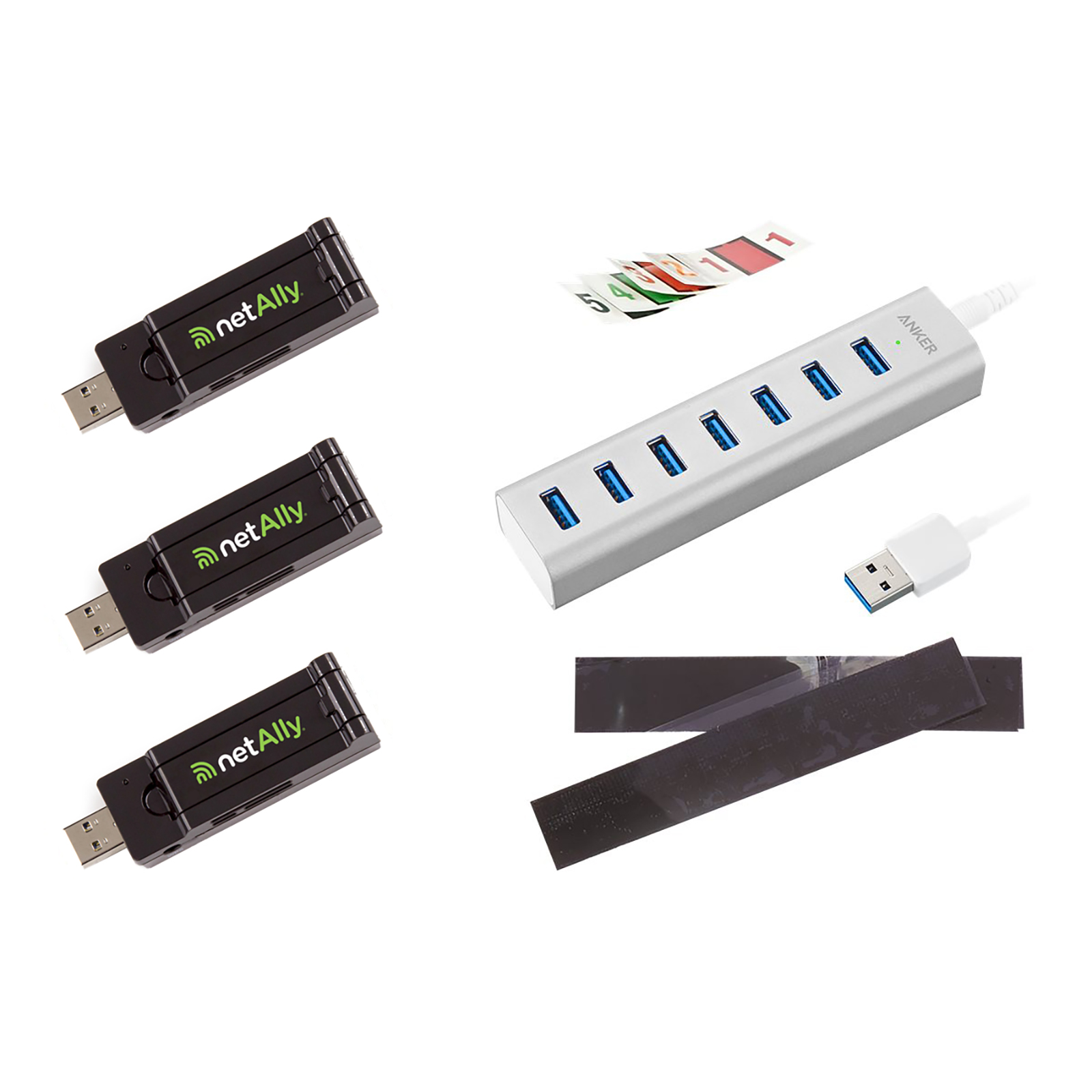 NetAlly Multi-Adapter kit for AirMagnet Wi-Fi Analyzer, includes 3 NetAlly D1080 802.11a/b/g/n/ac USB Adapters and a USB hub