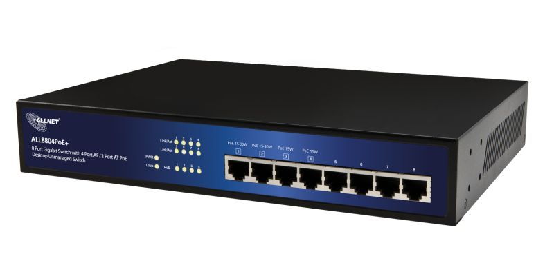 ALLNET Switch unmanaged 8 Port Gigabit 63W / 4x PoE&plus; / 4x LAN / Lüfterlos /19" / "ALL8804PoE&plus;"