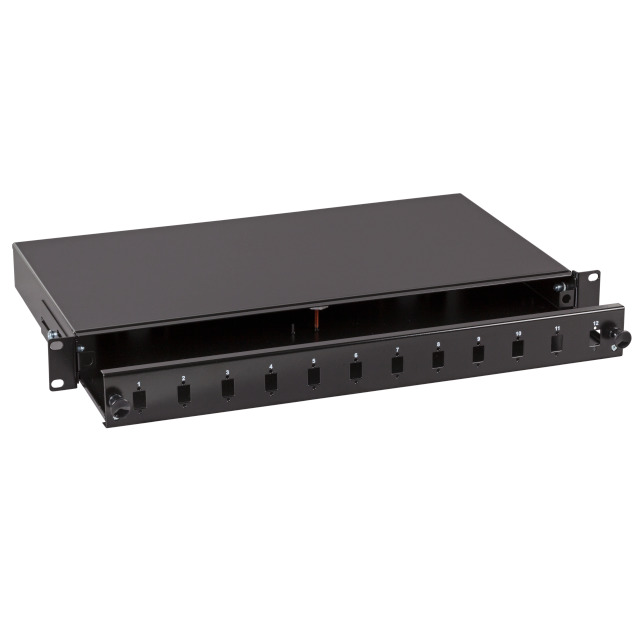 LWL-Patchpanel für 24xLC/MTRJ-duplex/SC-Simplex Buchsen, 19"/1HE, ohne Kupplungen, ausziehbar, schwarz