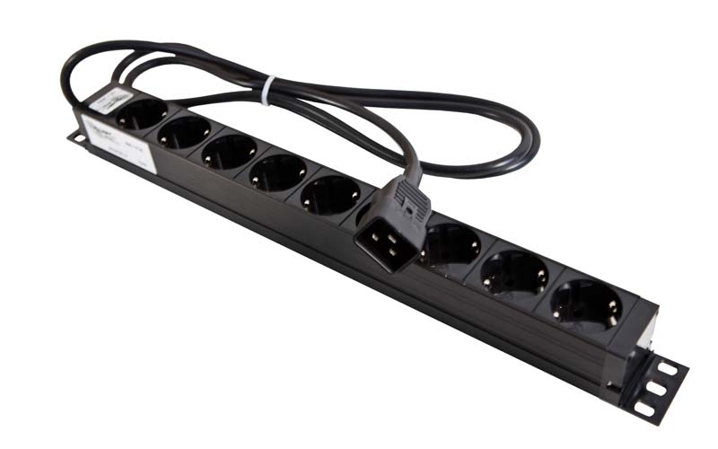 ALLNET 19"zbh. Steckdosenleiste, 9xDosen(CEE7)->Kaltgeräte(Stecker,C20/16A), Schwarz,