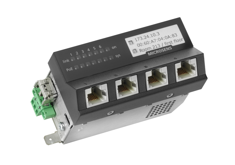 Microsens Micro-Switch 45x45 ruggedized, Hutschiene 24V, vertikal, 4xRJ45, 2xSFP, MS440217MXH-24G6&plus;