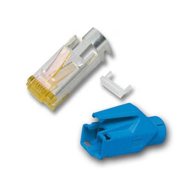 TP-Stecker STP Hirose,CAT6A(TM31),100-PACK,incl.Knickschutz, Blau
